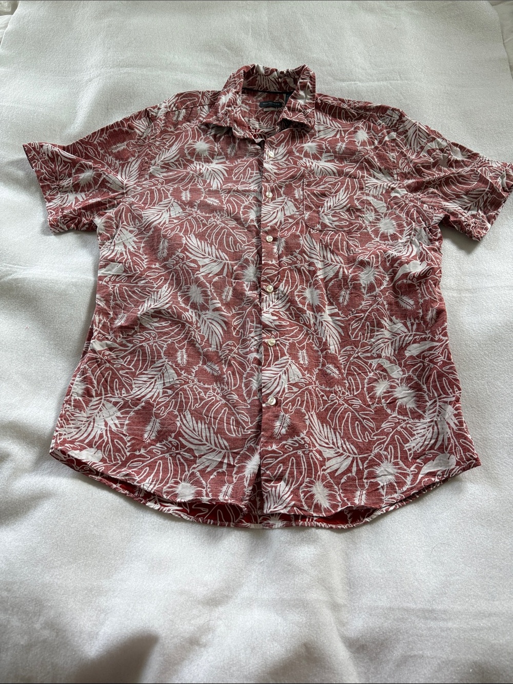 Van Heusen Burgundy and White Leaf-Print Short Sleeve Shirt